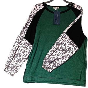 Anna Kaci Long Sleeve Evergreen with Pink & Black Leopard Sleeve Size Small